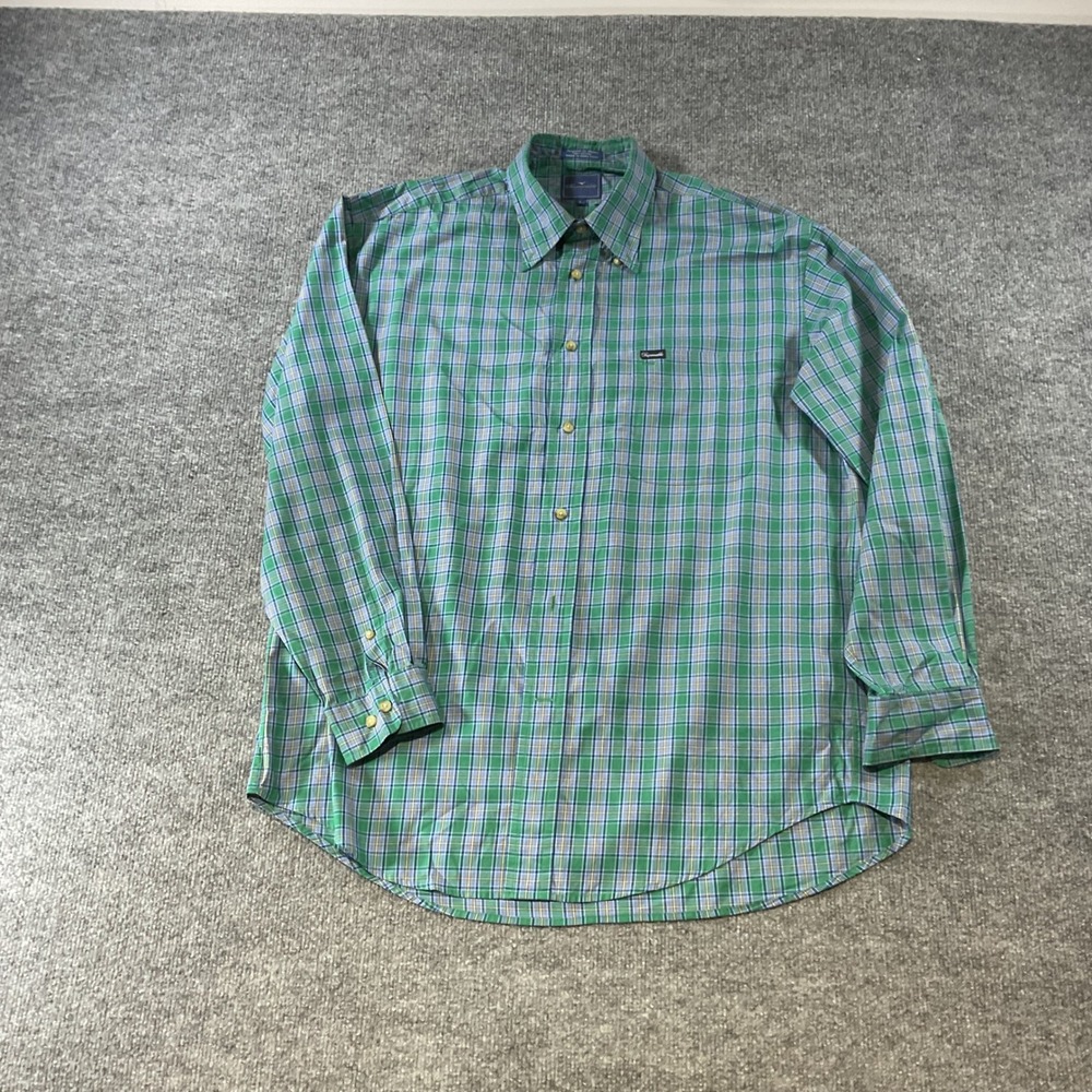 Faconnable Mens Green Blue Plaid Cotton Button Down Shirt Large Long Sleeve
